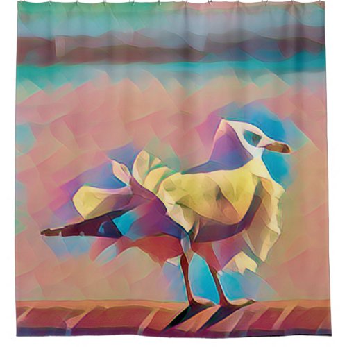 Pastel beach seagull coral turquoise geometric shower curtain