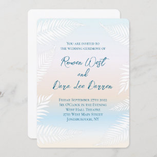 Pastel Beach Sunset Tropical Palm Leaf Wedding Invitation