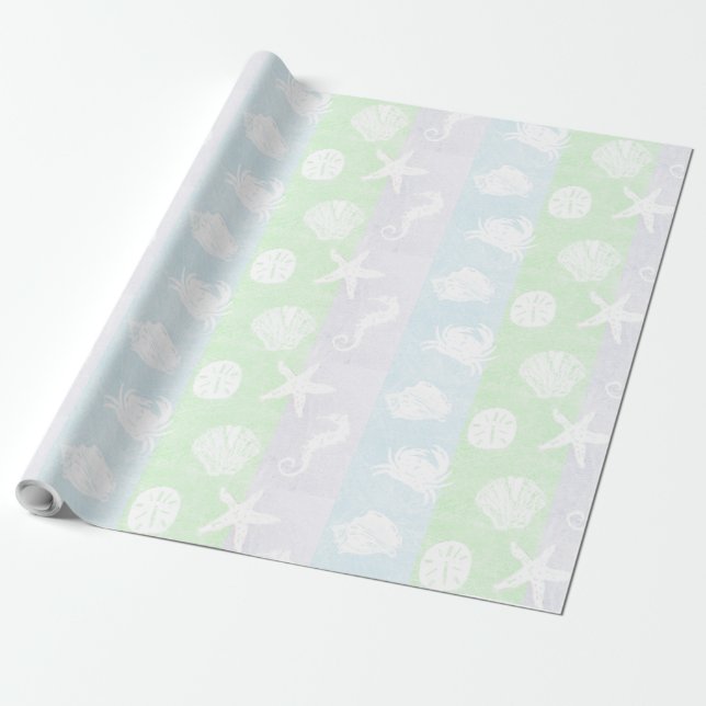 Pastel Beach Themed White Sea Creatures Wrapping Paper (Unrolled)