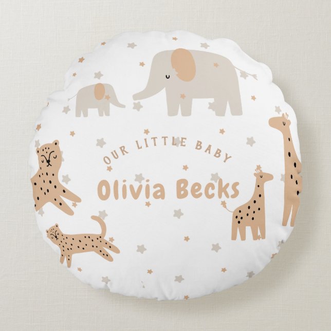 Pastel Beige Cute Illustrative Baby Shower Round Pillow (Front)