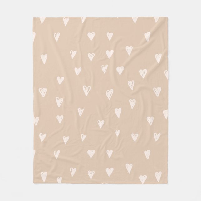 Pastel Beige Doodles Cute Heart Pattern Fleece Blanket (Front)