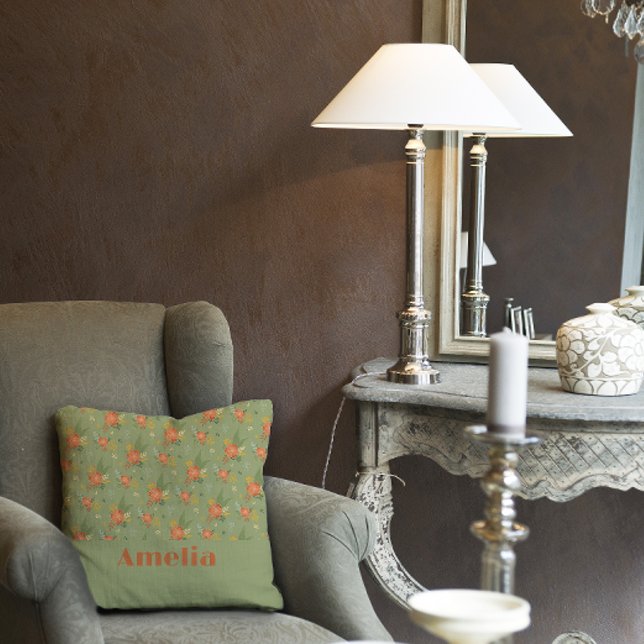 Pastel beige green mint floral pattern name throw pillow (Creator Uploaded)