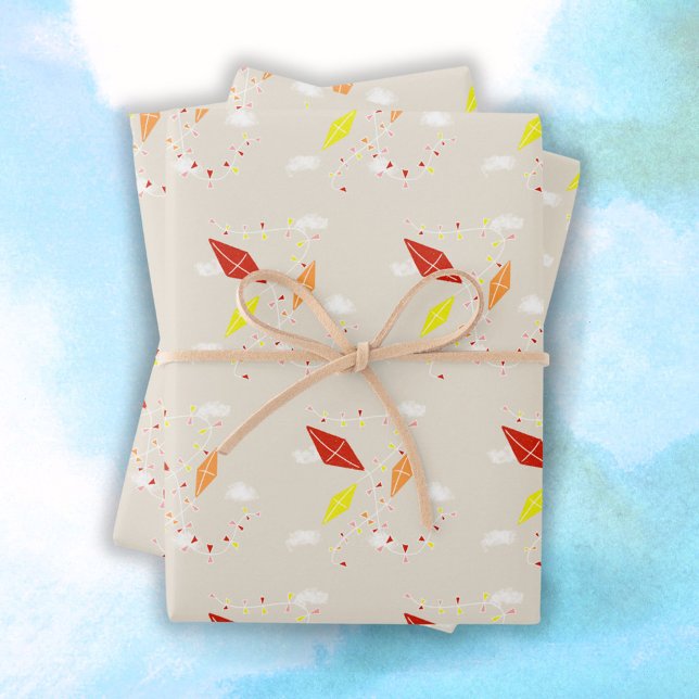 Pastel Beige Kites in Sky Pattern Kids Birthday Wrapping Paper Sheets (Creator Uploaded)