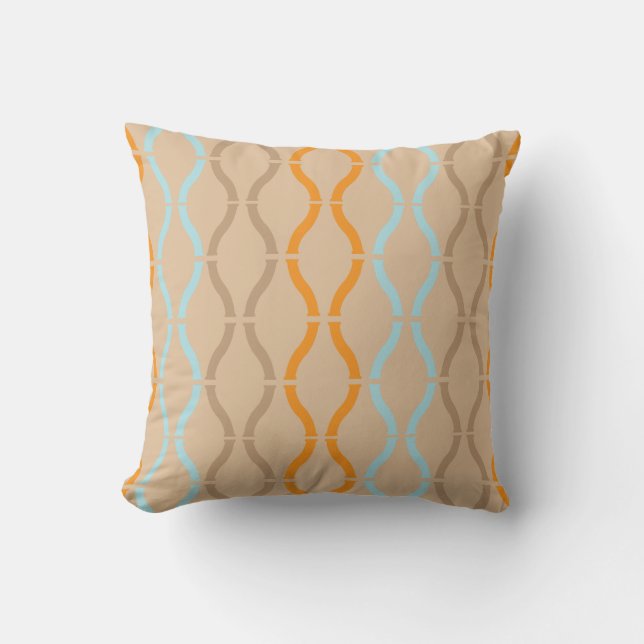 Pastel Beige Orange & Blue Geometric Retro Pattern Throw Pillow (Front)