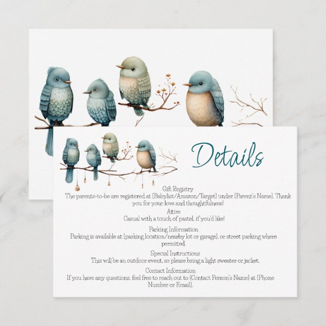 Pastel Bird Baby Shower Details Card Insert (Front/Back)