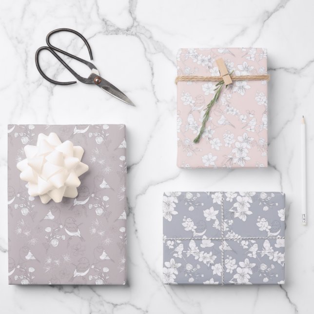 Pastel Birds and Flowers Wrapping Paper Sheets (Front)