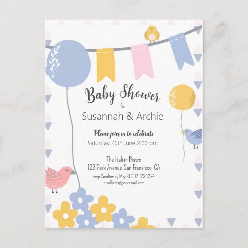 Pastel Birds  Balloons Baby Shower Invitation Postcard