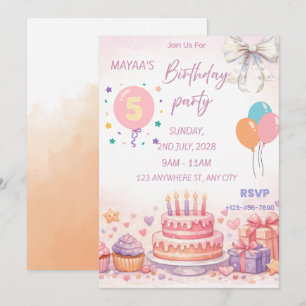 Pastel Birthday Invitation – Cute Cake & Balloon D