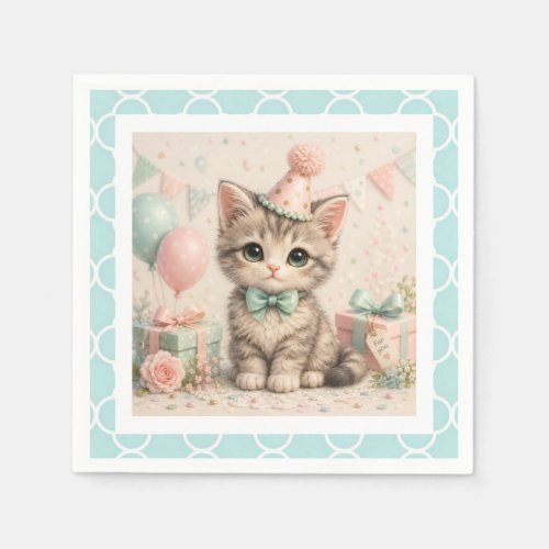 Pastel Birthday Kitten Illustration Paper Napkin