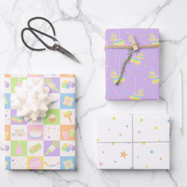 Pastel Birthday Pattern Set with Party Designs Wrapping Paper Sheets (Front)