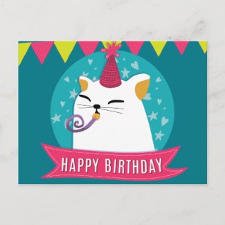 Pastel birthday wish with cartoon illustration postcard