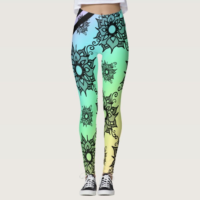 Pastel Black Floral Pattern Leggings (Front)