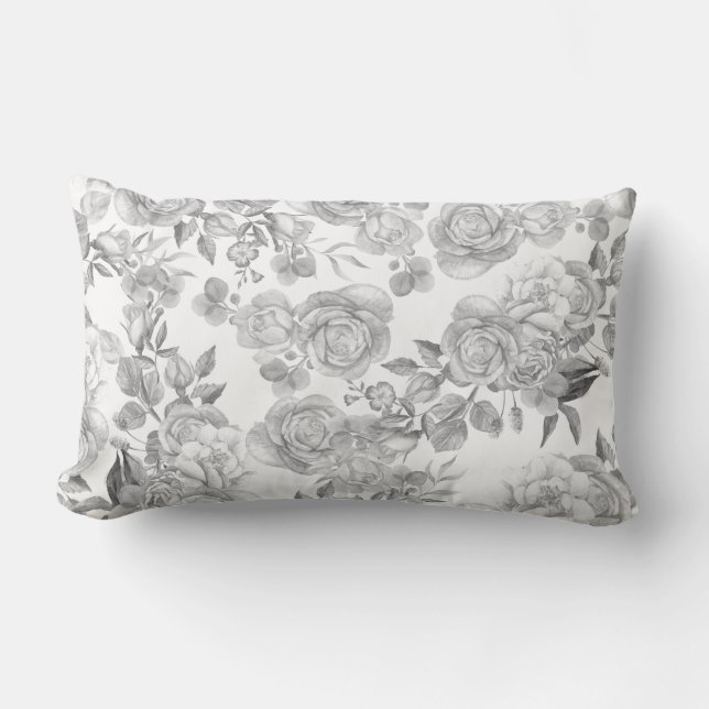 Pastel black gray elegant country roses flowers lumbar pillow (Front)