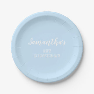 Pastel blue1st Birthday Script Paper Plates