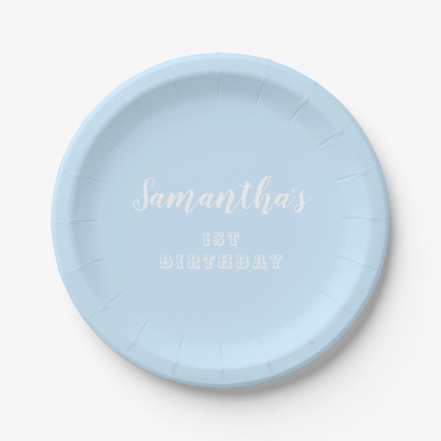 Pastel blue1st Birthday Script Paper Plates (Front)