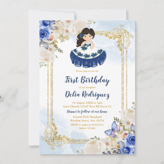 Pastel Blue 4 First Birthday Mexican Girl Invitation (Front)