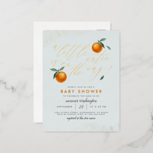 Pastel Blue A Little Cutie Orange Baby Shower Foil Invitation Postcard
