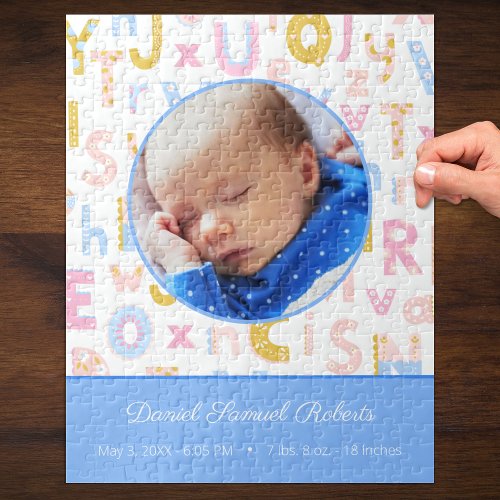 Pastel Blue ABC Birth Record Stat Baby Boys Photo Jigsaw Puzzle