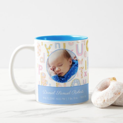 Pastel Blue ABC Birth Record Stat Baby Boys Photo Two_Tone Coffee Mug