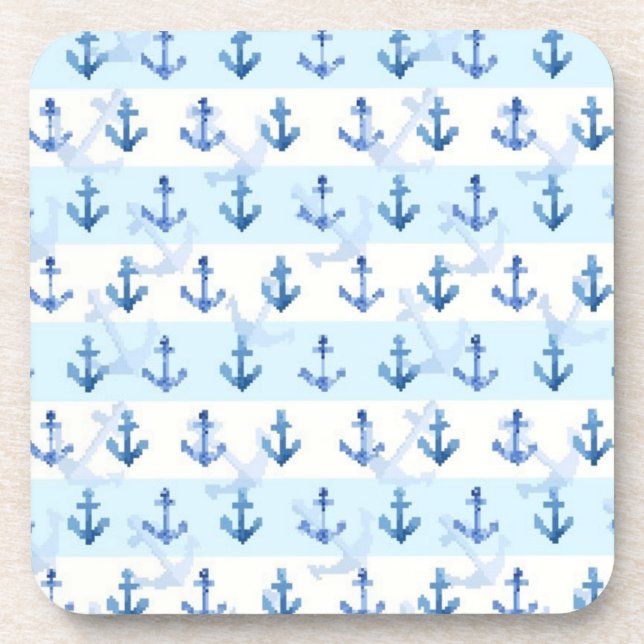 Pastel Blue Anchor Pattern Beverage Coaster (Front)