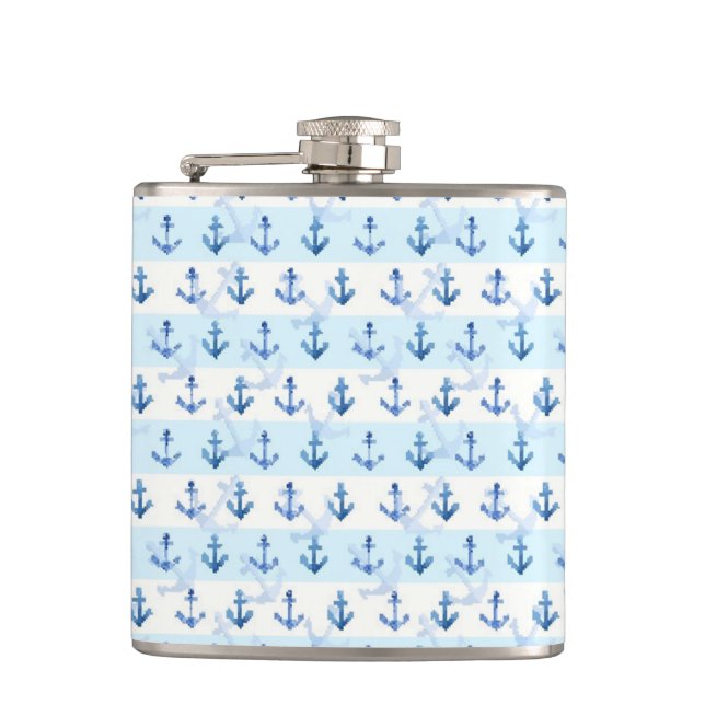 Pastel Blue Anchor Pattern Hip Flask (Front)
