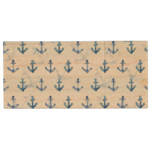 Pastel Blue Anchor Pattern Wood Flash Drive