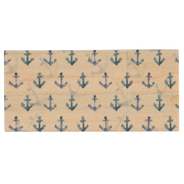 Pastel Blue Anchor Pattern Wood Flash Drive (Front)