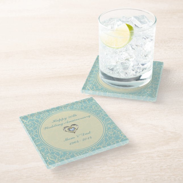 Pastel Blue And Beige Damask. 50th Anniversary Glass Coaster (Angled)