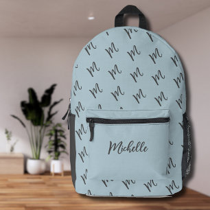 Pastel Blue and Dark Gray Calligraphy Name Printed Backpack