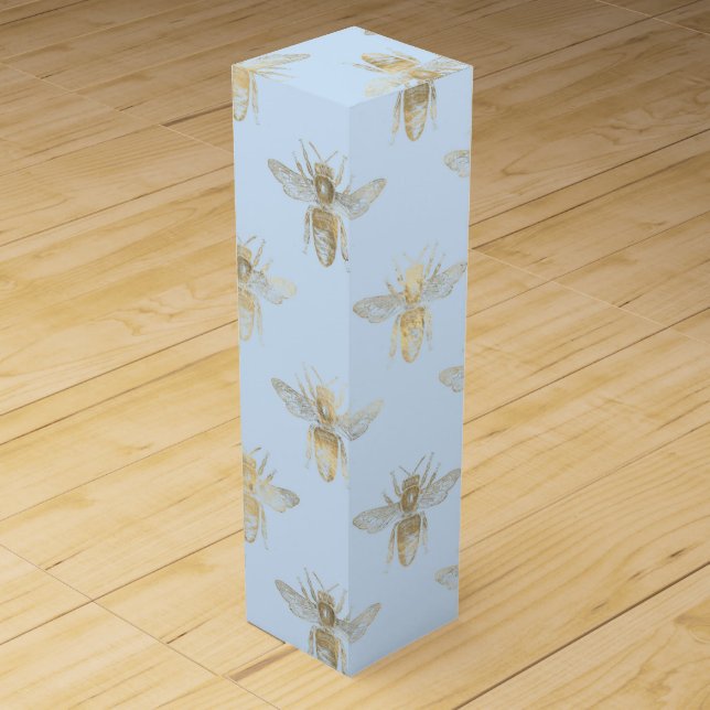 Pastel Blue and Gold Bee Pattern Wine Box (Front)
