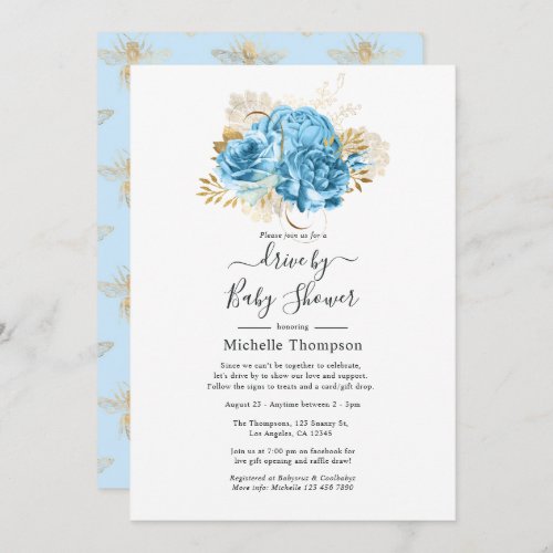 Pastel Blue and Gold Floral Drive By Shower Invitation