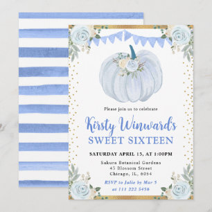 Pastel Blue and Gold Floral Pumpkin Fall Sweet 16 Invitation