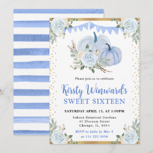 Pastel Blue and Gold Floral Pumpkins Fall Sweet 16 Invitation