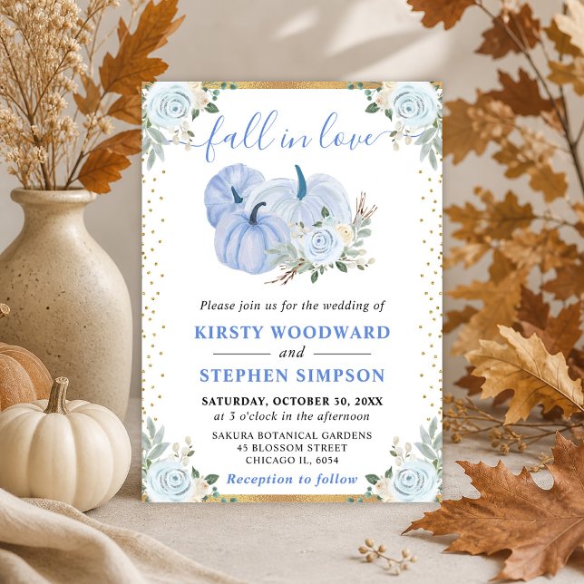 Pastel Blue and Gold Floral Pumpkins Fall Wedding Invitation (Creator Uploaded)