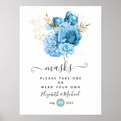 Pastel Blue and Gold Floral Wedding Face Masks Poster