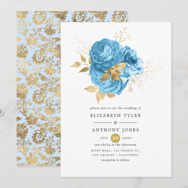 Pastel Blue and Gold Floral Wedding Invitation (Front/Back)