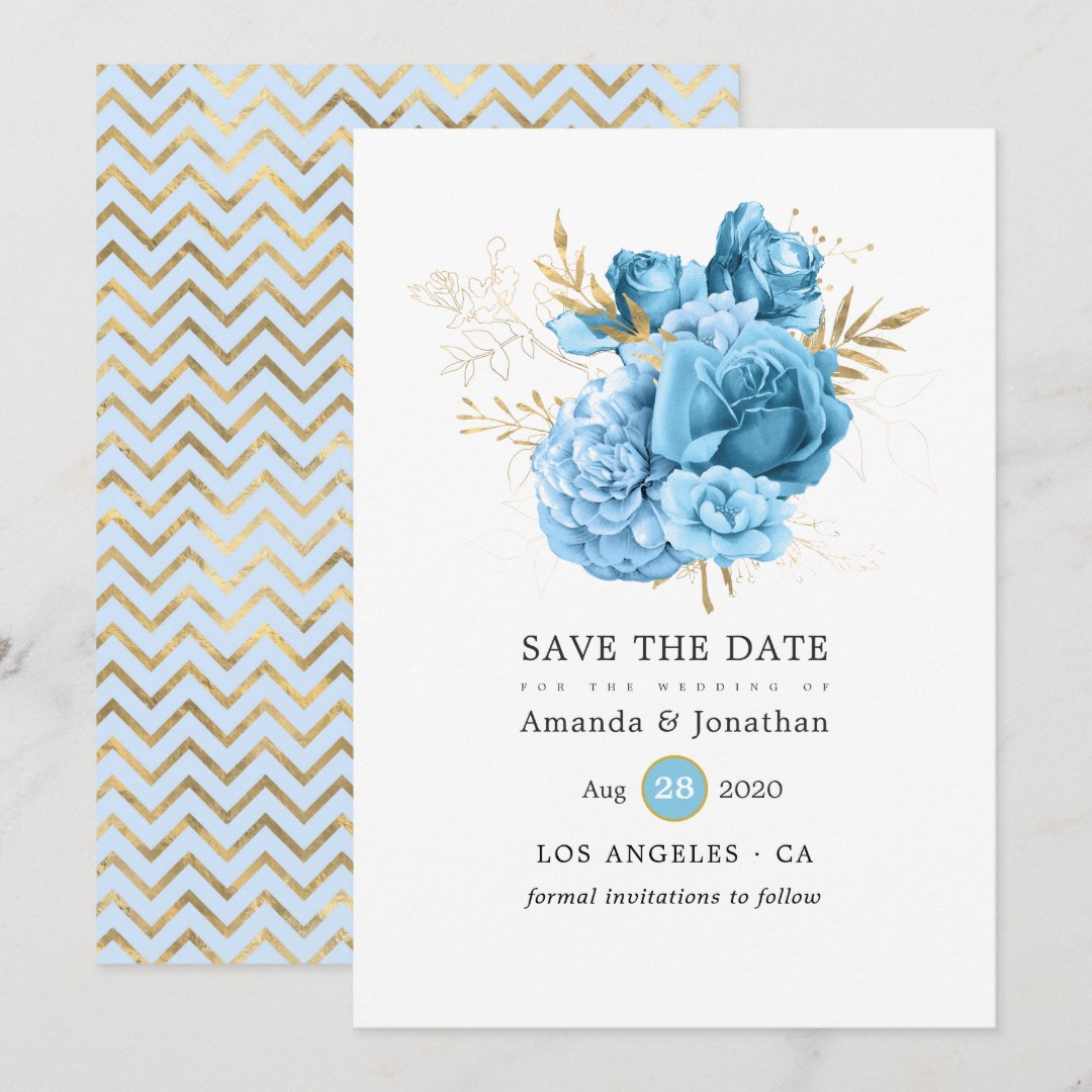 Pastel Blue and Gold Floral Wedding Save The Date Zazzle