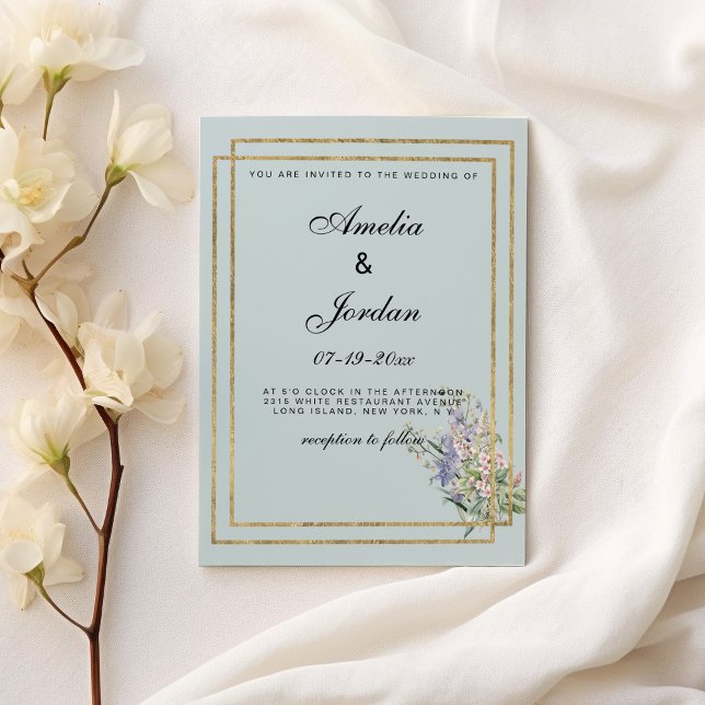 Pastel blue and gold lavender pink floral Wedding  Invitation (Pastel blue and gold lavender pink floral Wedding )