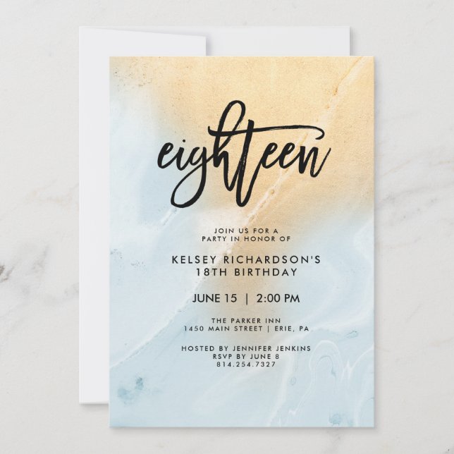 Pastel Blue and Gold Marble | 18th Birthday Party Invitation (Front)