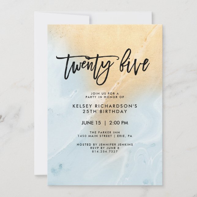 Pastel Blue and Gold Marble | 25th Birthday Party Invitation (Front)