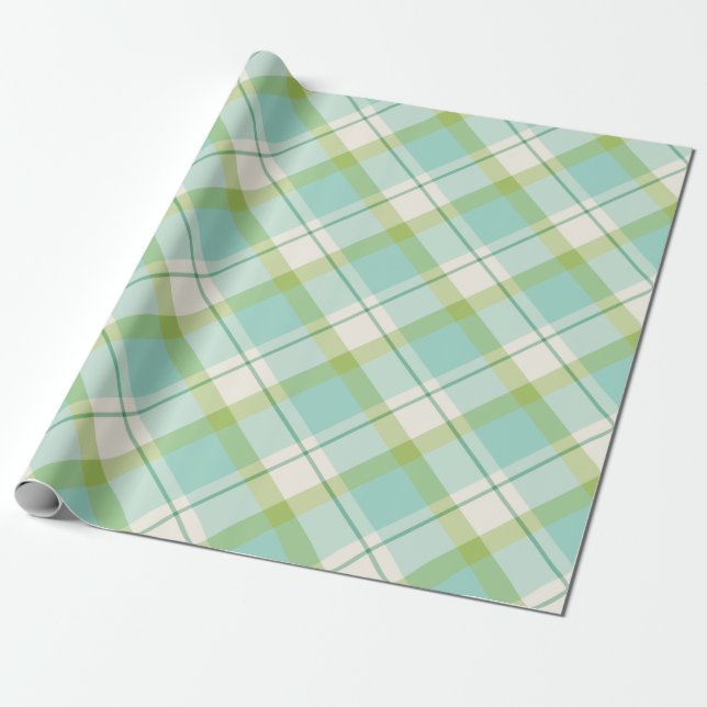 Pastel blue and green spring plaid pattern wrapping paper (Unrolled)