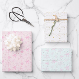 Pastel Blue and Pink and Gold Snowflakes Christmas Wrapping Paper Sheets