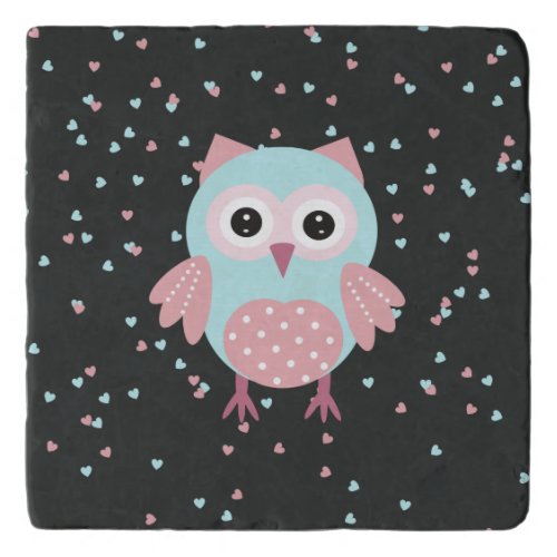 Pastel Blue and Pink Cartoon Owl Trivet with Heart