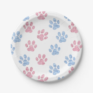 pastel blue and pink faux glitter paw prints paper plates