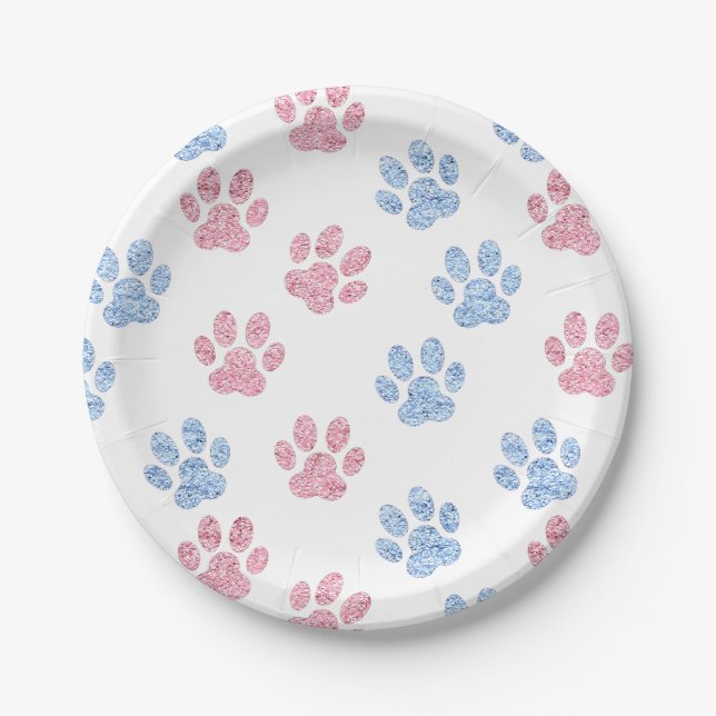 pastel blue and pink faux glitter paw prints  paper plates (Front)