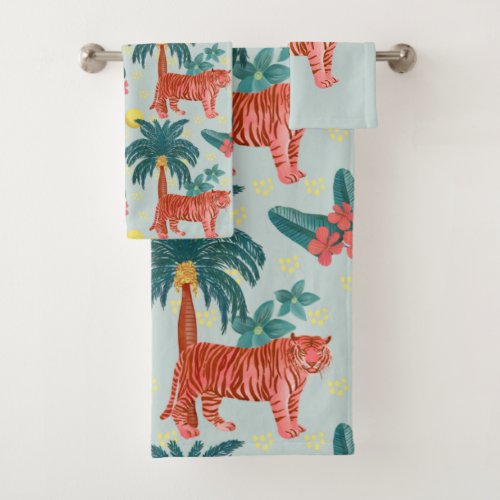 Pastel Blue and Pink Tropical Palm Tiger Pattern Bath Towel Set