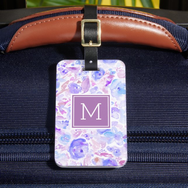 Pastel Blue and Purple Floral Custom Monogrammed Luggage Tag (Front Insitu 2)