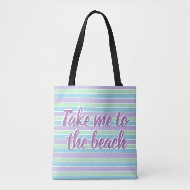 Pastel Blue and Purple Stripes Beach Quote Tote Bag (Front)