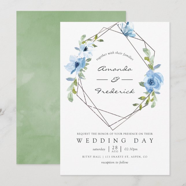 Pastel Blue and Sage Green Geometric Wedding Invitation (Front/Back)