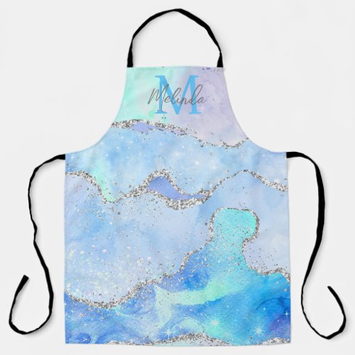 Pastel Blue and Silver Glitter Ocean Agate Apron